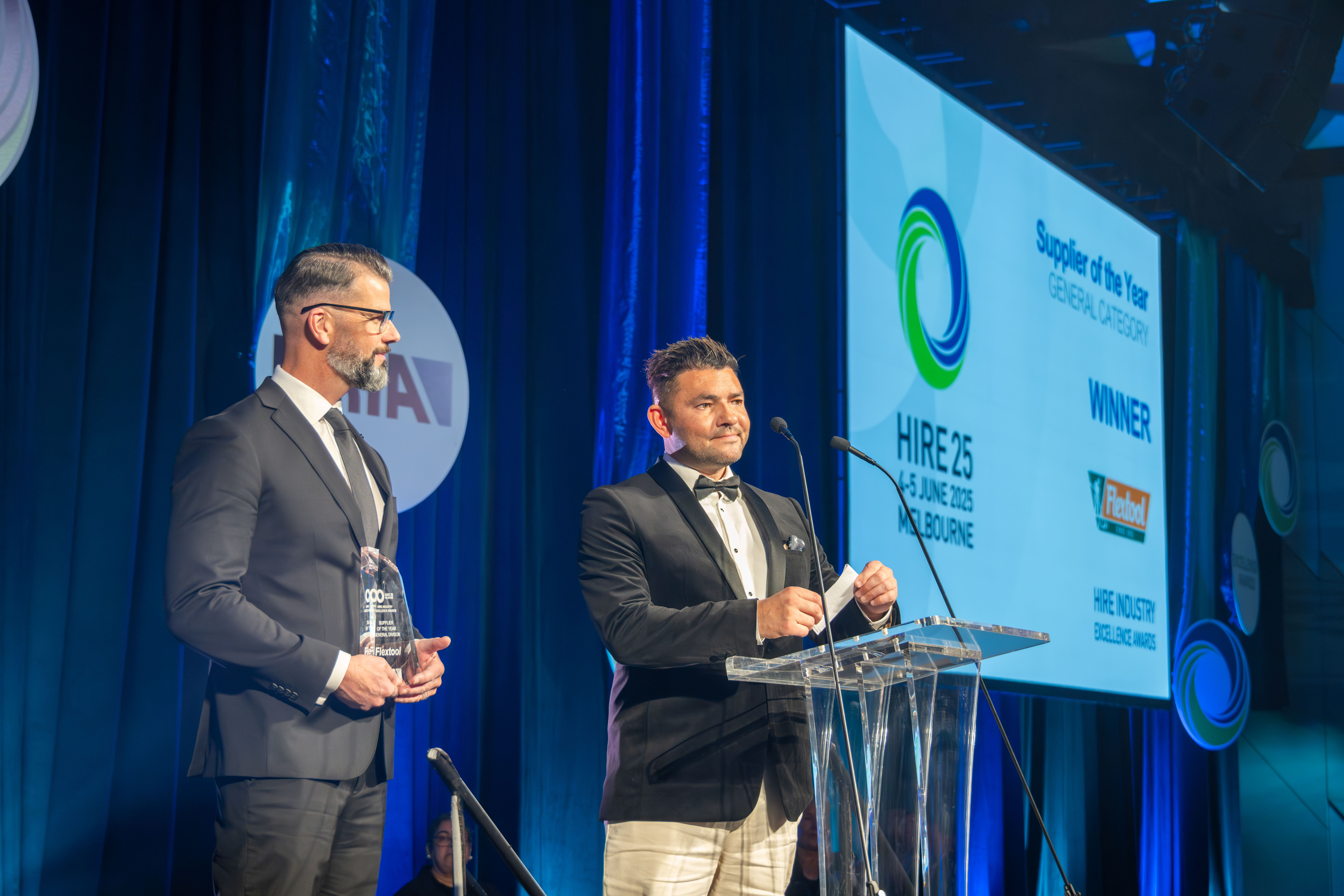 General Manager, Troy Habils and National Account Manager, Murat Demirkol accepting Supplier of the Year (General Cateogry) at HIRE25 Melbourne